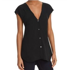 Theory Convertible Black Silk Button Up V-Neck Off Shoulder Blouse - Women's M
